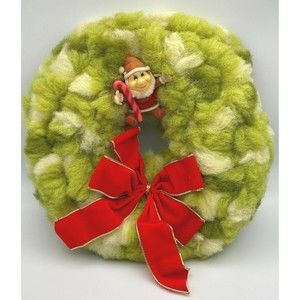 Vintage 13" Green Macrame Christmas Wreath Flocked Elf Marshall Fields Box
